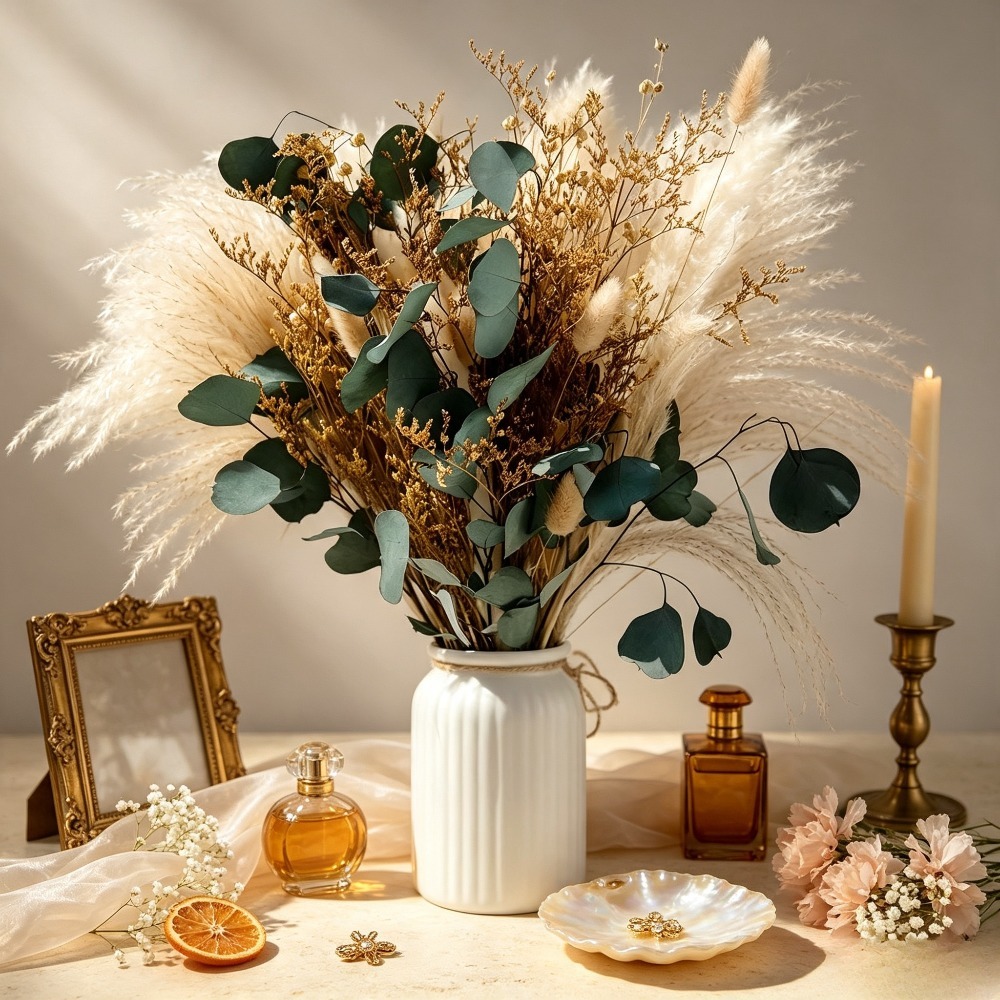 Eucalyptus Preserved - Buquê de Capim-dos-Pampas Seco Natural, Folhas